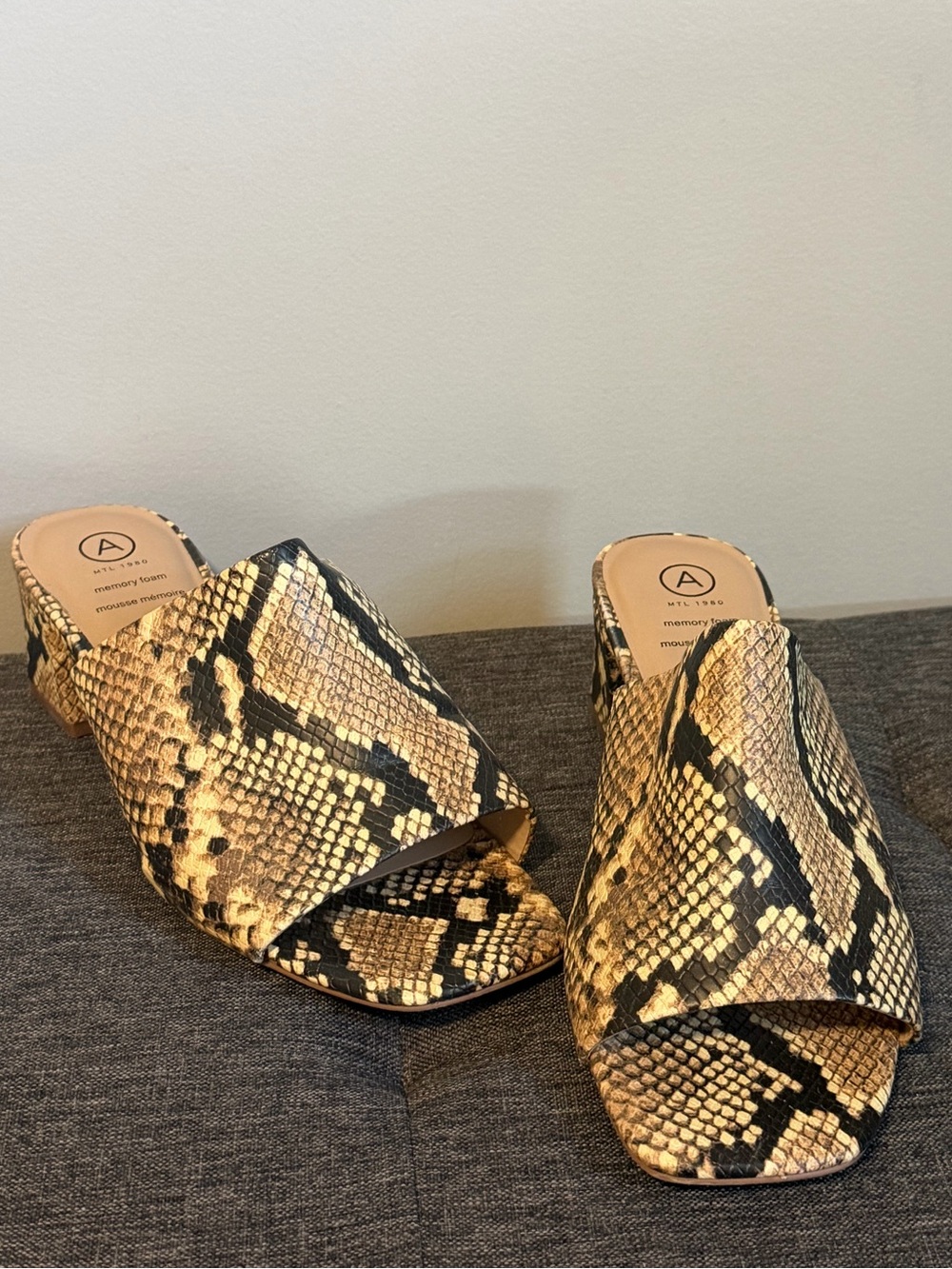 MT Snake-Print Open-Toe Mules in Beige and Black- wide foot friendly